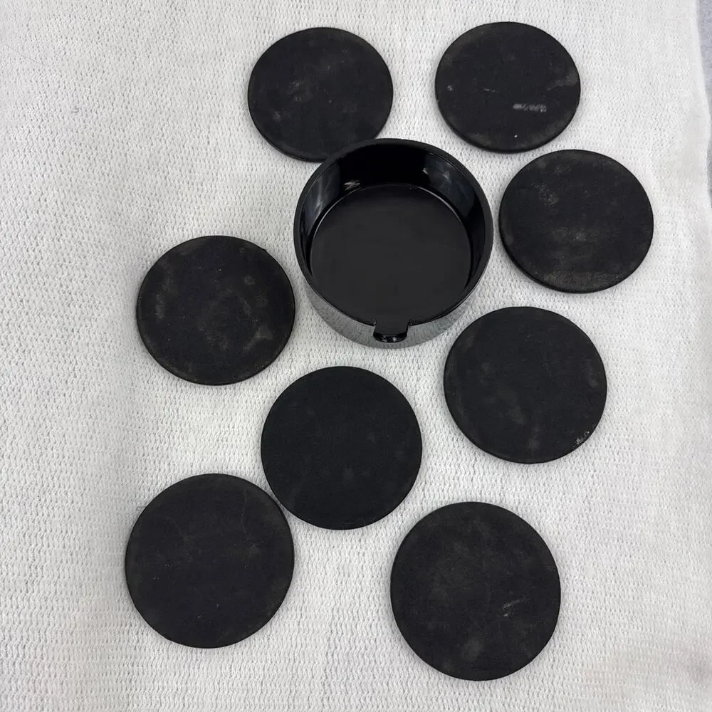 Vintage Occupied Japan Lacquerware Coasters Set 8 Black Red Holder 1945-1952